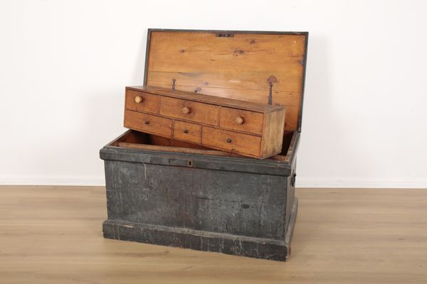 A VICTORIAN BLACK-PAINTED WOODEN SHIPWRIGHT'S OR ARTISAN'S TRUNK