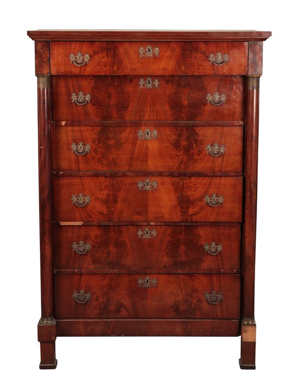 A FRENCH EMPIRE FLAME MAHOGANY TALL CHEST OF DRAWERS