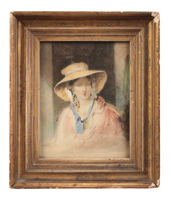 ENGLISH SCHOOL, EARLY 19TH CENTURY A portrait of a young lady with wide brimmed bonnet