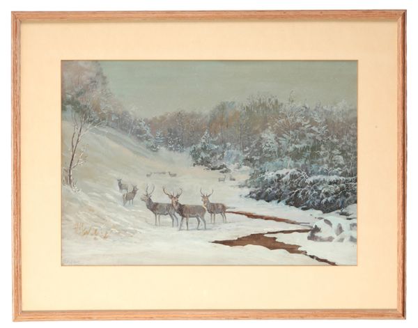 *HAROLD FRANK WALLACE (1881-1962) Stags by a burn in a snowstorm