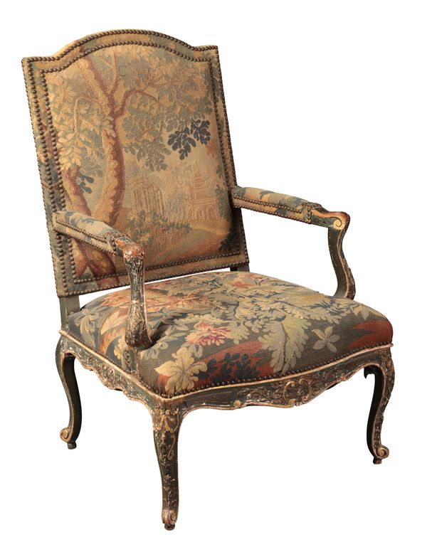 A LOUIS XV STYLE GREEN-PAINTED AND PARCEL-GILT ARMCHAIR