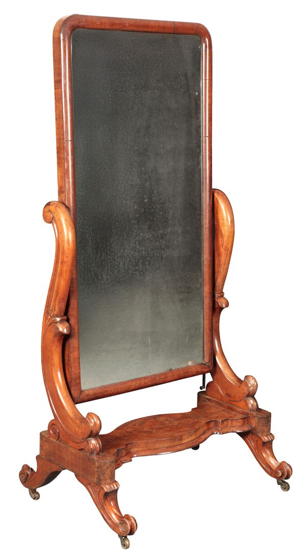 A VICTORIAN WALNUT CHEVAL MIRROR