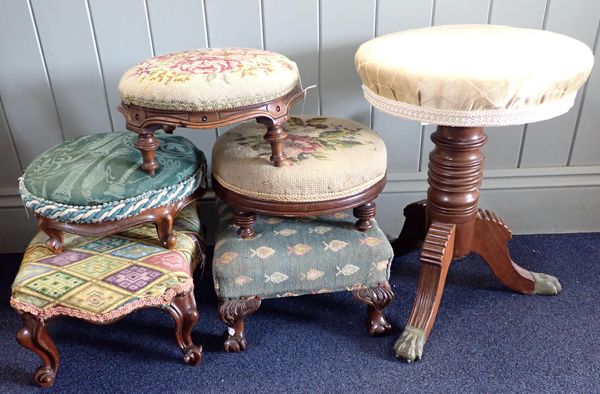 FIVE VICTORIAN AND LATER FOOTSTOOLS