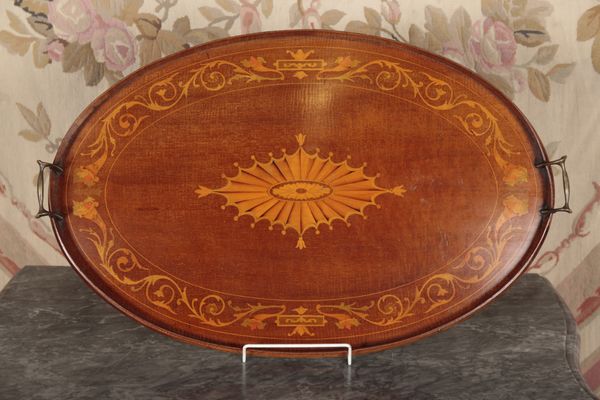 AN EDWARDIAN MAHOGANY AND MARQUETRY TRAY