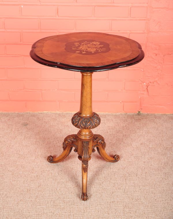 A VICTORIAN WALNUT AND MARQUETRY TRIPOD TABLE