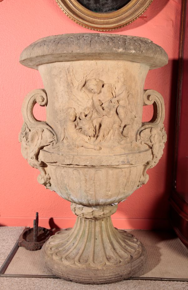 A LARGE COMPOSITE STONE GARDEN URN