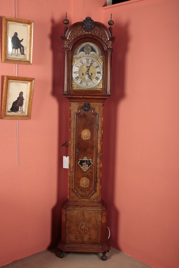 A DUTCH WALNUT AND MARQUETRY LONGCASE CLOCK BY JOHANNES WITKAMP OF AMSTERDAM