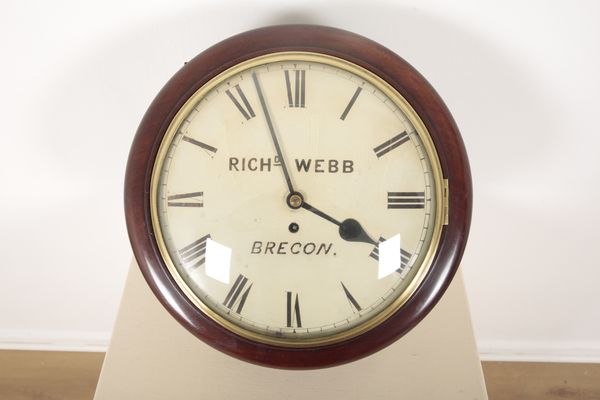 A MAHOGANY CASED FUSEE RAILWAY WALL CLOCK BY RICHARD WEBB, BRECON