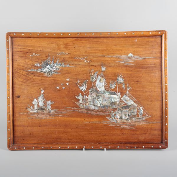 A CHINESE HARDWOOD AND MOTHER OF PEARL INLAID TRAY