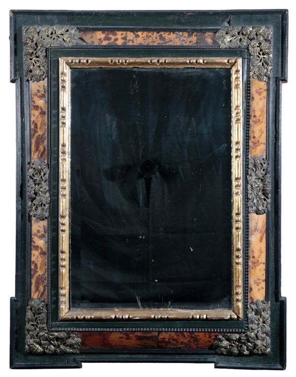 AN EBONISED, SIMULATED WOOD AND PARCEL-GILT CUSHION MIRROR