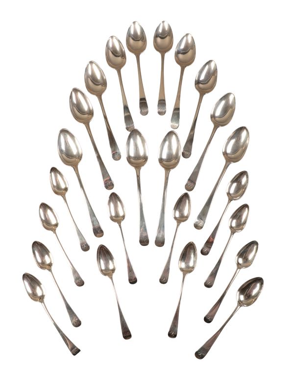 A SET OF TWELVE GEORGE III SCOTTISH PROVINCIAL SILVER OLD ENGLISH PATTERN TABLE SPOONS