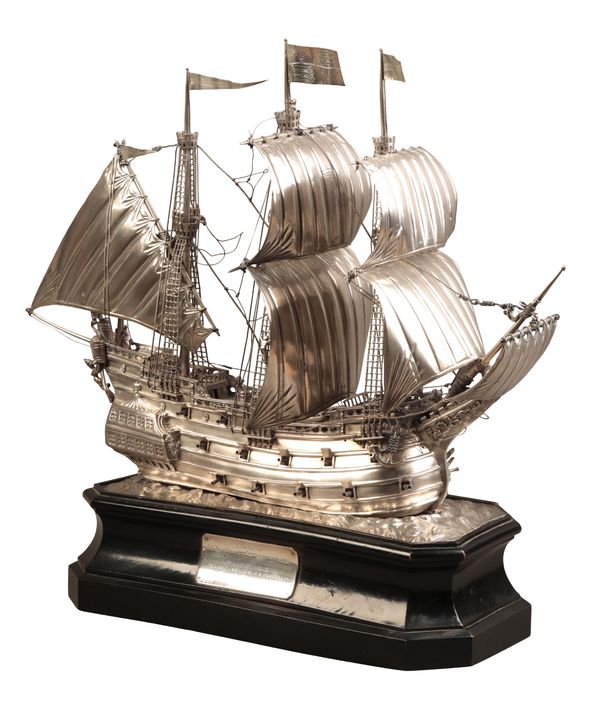 A GEORGE V SILVER MODEL OF AN ELIZABETHAN WARSHIP