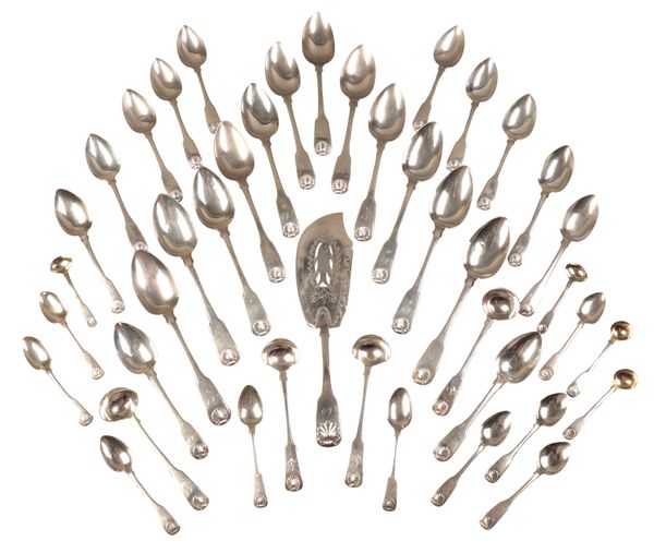 A GEORGE III AND LATER SCOTTISH SILVER FIDDLE AND SHELL PATTERN HARLEQUIN CUTLERY SERVICE