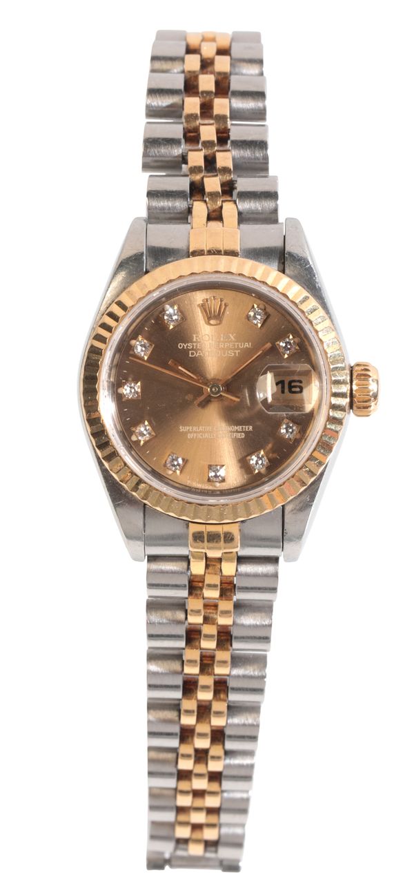 ROLEX OYSTER PERPETUAL DATEJUST: A LADY'S GOLD AND STEEL BRACELET WATCH