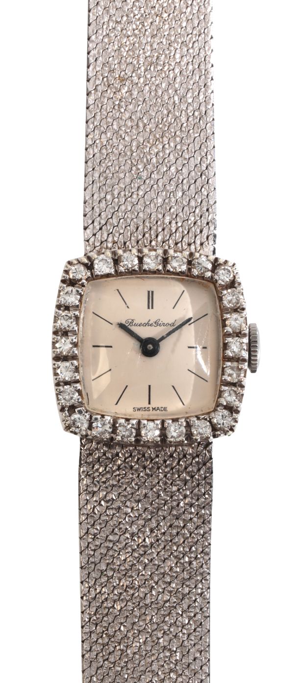 BUECHE GIROD: A LADY'S 9CT WHITE GOLD AND DIAMOND COCKTAIL WATCH