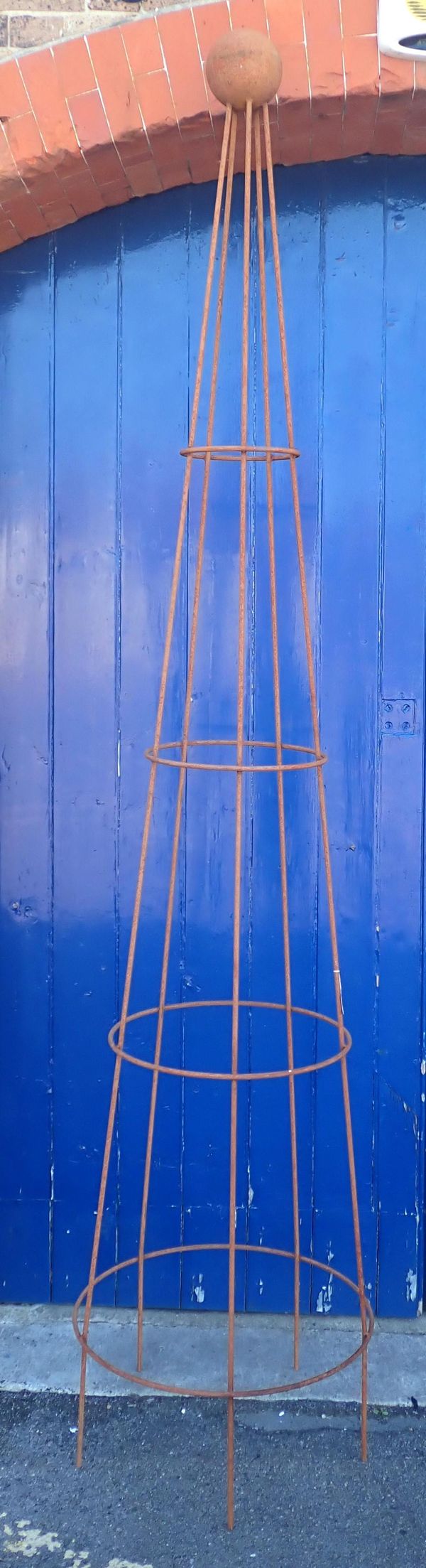 A METAL GARDEN OBELISK, OF CONICAL FORM, WITH BALL TOP