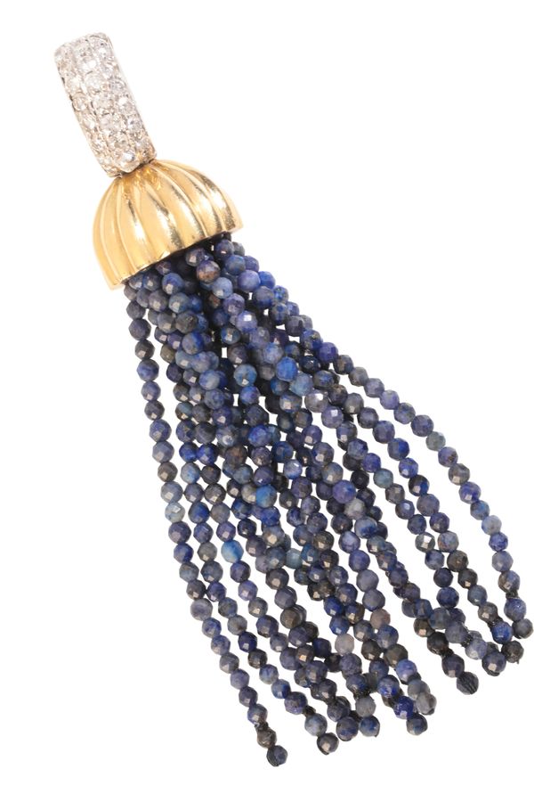 A DIAMOND AND LAPIS TASSEL PENDANT