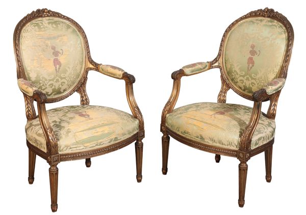 A PAIR OF LOUIS XVI STYLE GILTWOOD FAUTEUILS