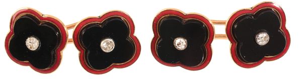 A PAIR OF FRENCH VINTAGE ONYX, DIAMOND AND ENAMEL QUATREFOIL CUFFLINKS