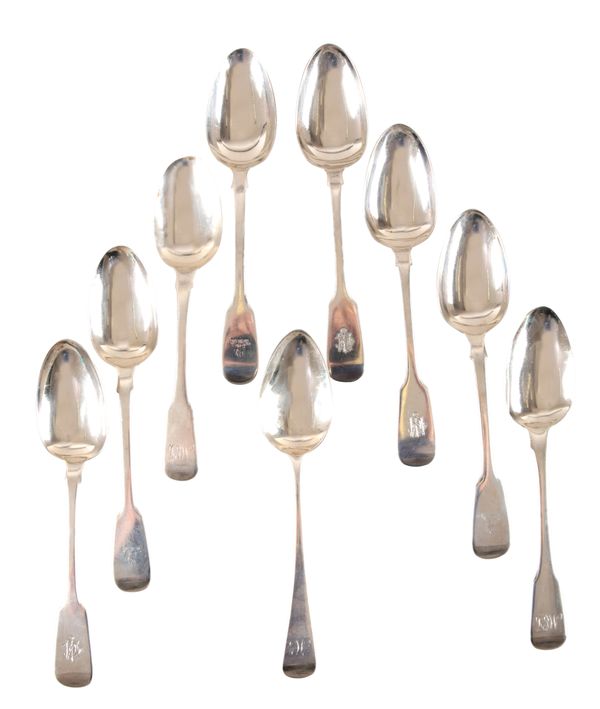 EIGHT GEORGE III AND LATER SILVER FIDDLE PATTERN TABLE SPOONS