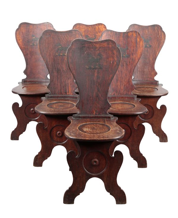 A SET OF SIX OAK 'SGABELLO' HALL CHAIRS IN THE MANNER OF WILLIAM MASTERS