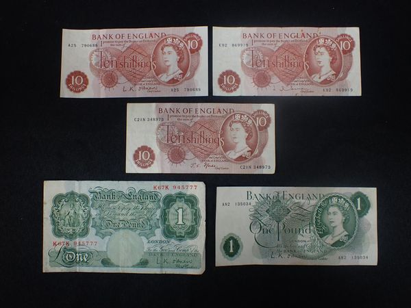 THREE BANK OF ENGLAND TEN SHILLING NOTES