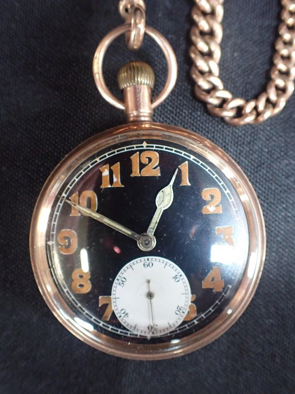 9CT GOLD KEYLESS LEVER POCKET WATCH WITH BLACK DIAL