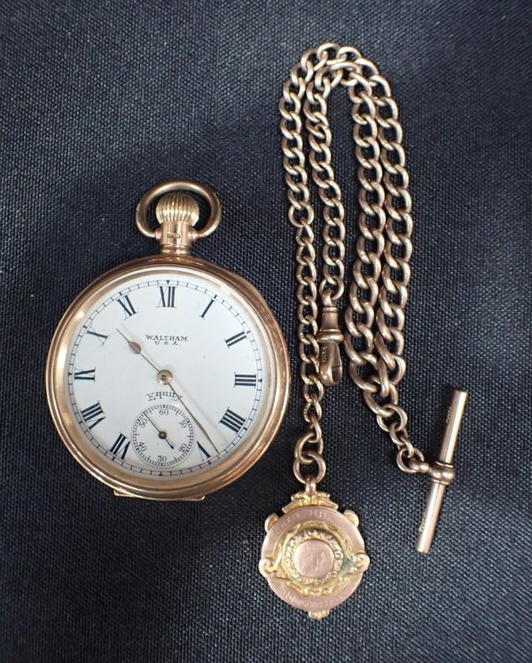 9CT GOLD WALTHAM KEYLESS LEVER POCKET WATCH