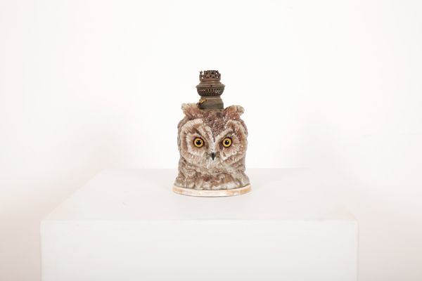 A VICTORIAN PORCELAIN OWL'S HEAD LAMP