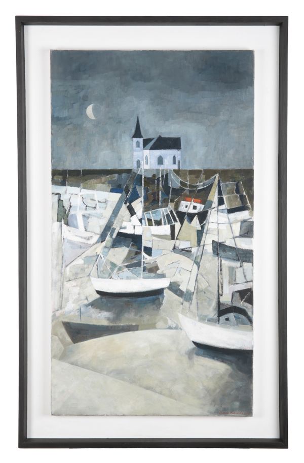 *SARAH RICHARDS (b. 1966) A cubist style harbour scene with moonlit church