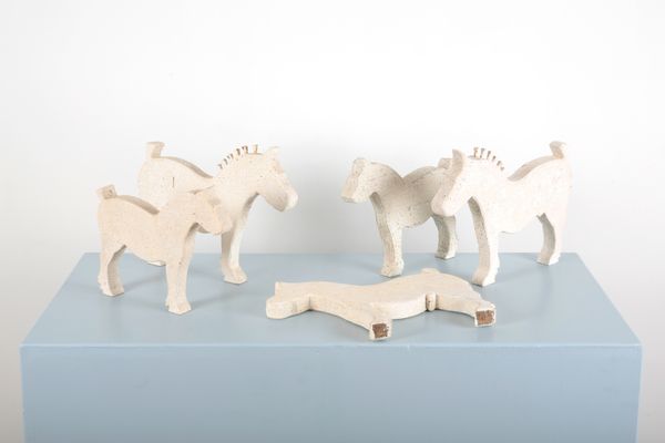 MARTIN SCOREY (1961-2021): FIVE WHITE PAINTED FOLK ART HORSES
