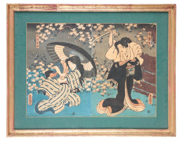 JAPANESE SCHOOL, 19TH CENTURY A garden scene with two figures