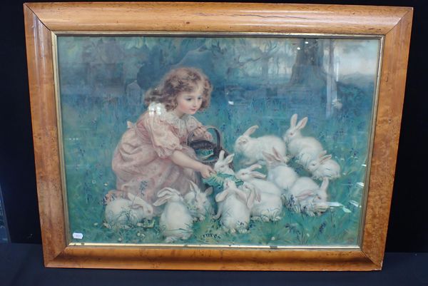 A PEARS PRINT, AFTER FREDERICK MORGAN, 'ALICE IN WONDERLAND', IN MAPLE FRAME