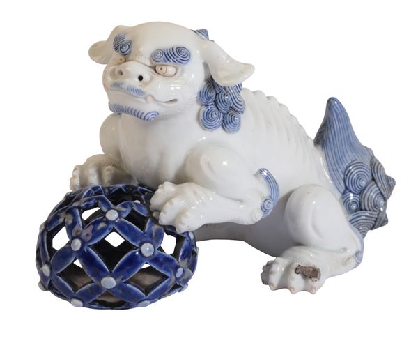 A JAPANESE HIRADO BLUE AND WHITE LION DOG