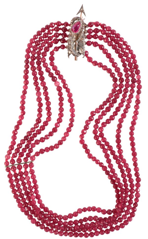 A DYED BEAD, RUBY AND DIAMOND NECKLACE