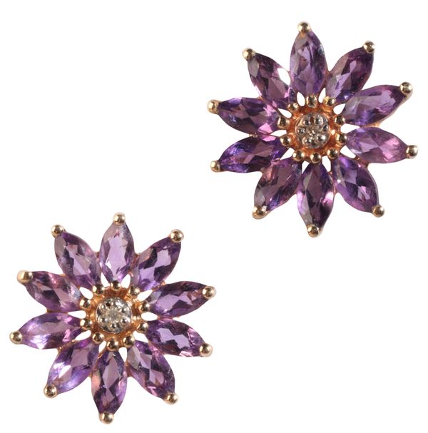 A PAIR OF AMETHYST AND DIAMOND STUD EARRINGS