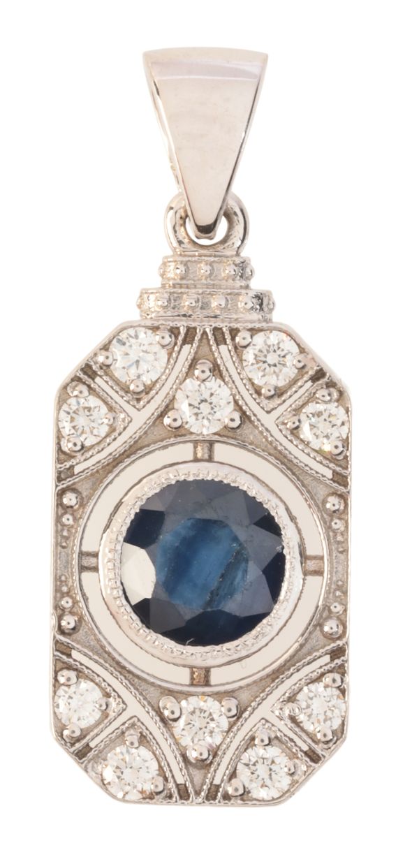 A SAPPHIRE AND DIAMOND PLAQUE PENDANT