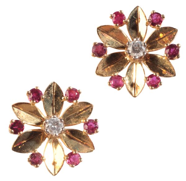 A PAIR OF RUBY AND DIAMOND FLOWER STUD EARRINGS