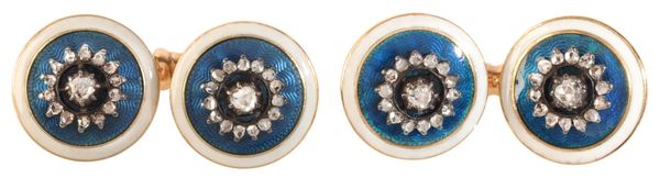 A PAIR OF FRENCH DIAMOND AND GUILLOCHE ENAMEL CUFFLINKS