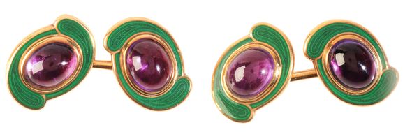 DEAKIN & FRANCIS: A PAIR OF AMETHYST AND GREEN ENAMEL CUFFLINKS