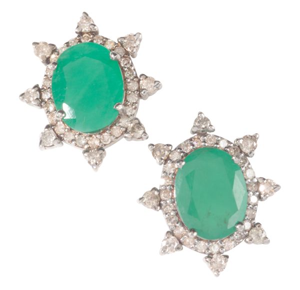 A PAIR OF EMERALD AND DIAMOND STUD EARRINGS