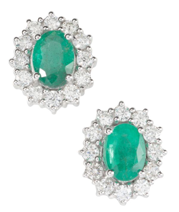 A PAIR OF EMERALD AND DIAMOND CLUSTER STUD EARRINGS