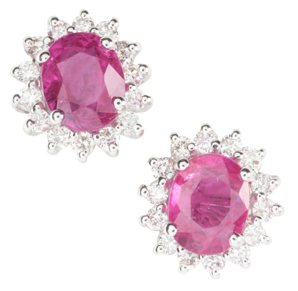 A PAIR OF RUBY AND DIAMOND CLUSTER STUD EARRINGS
