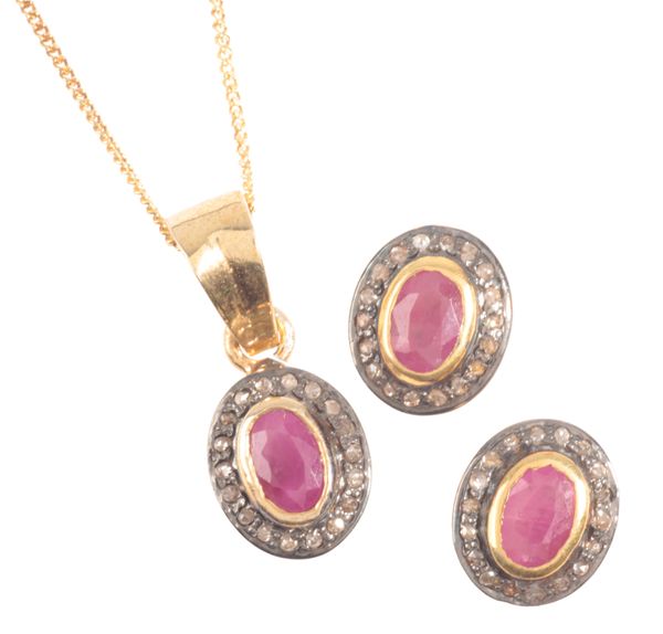 A RUBY AND DIAMOND CLUSTER EARRINGS AND PENDANT NECKLACE SUITE