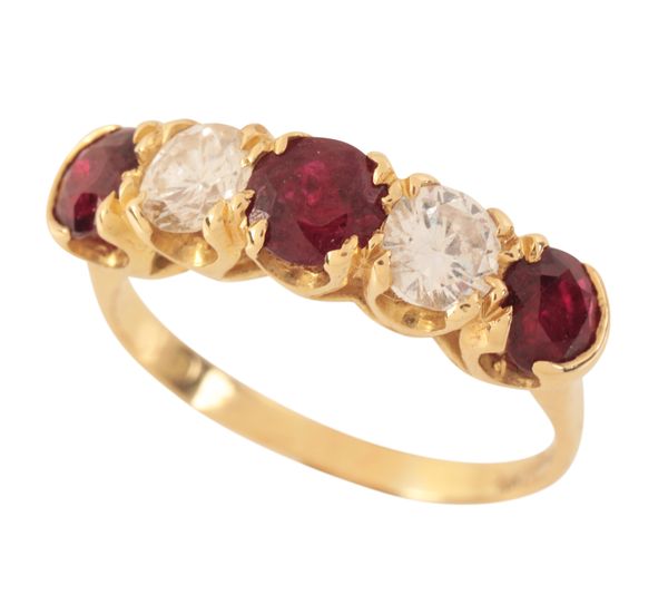A RUBY AND DIAMOND FIVE STONE RING