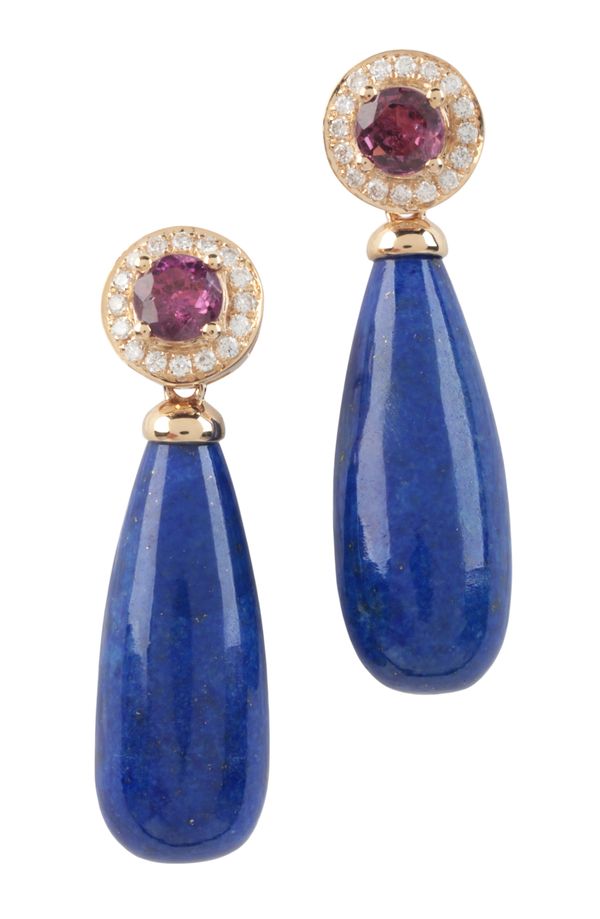 A PAIR OF LAPIS LAZULI, RUBY AND DIAMOND DROP EARRINGS