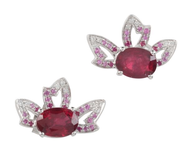 A PAIR OF RUBY AND DIAMOND EARRINGS