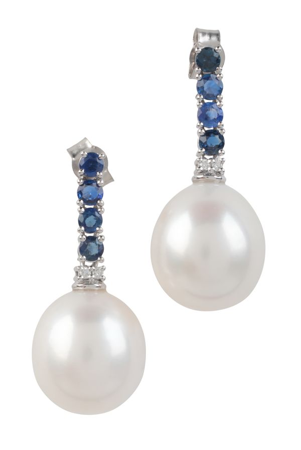 A PAIR OF SAPPHIRE, DIAMOND AND PEARL DROP EARRINGS