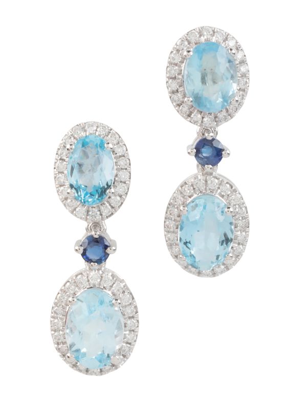 A PAIR OF AQUAMARINE, SAPPHIRE AND DIAMOND DROP EARRINGS