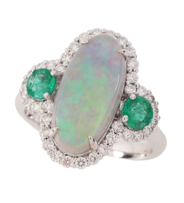 AN OPAL, EMERALD AND DIAMOND RING